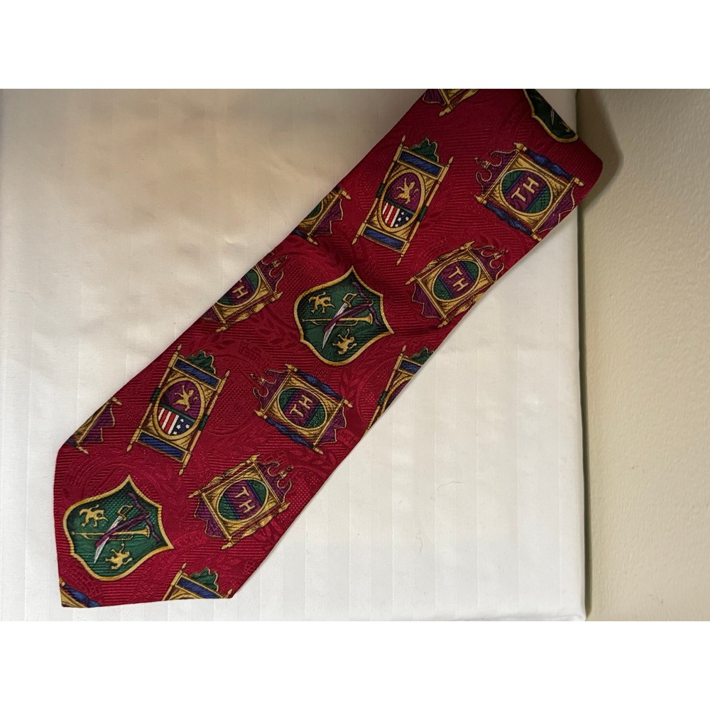 Tommy Hilfiger Mens Red Italian Silk Crest Shield Logo Necktie Made in USA